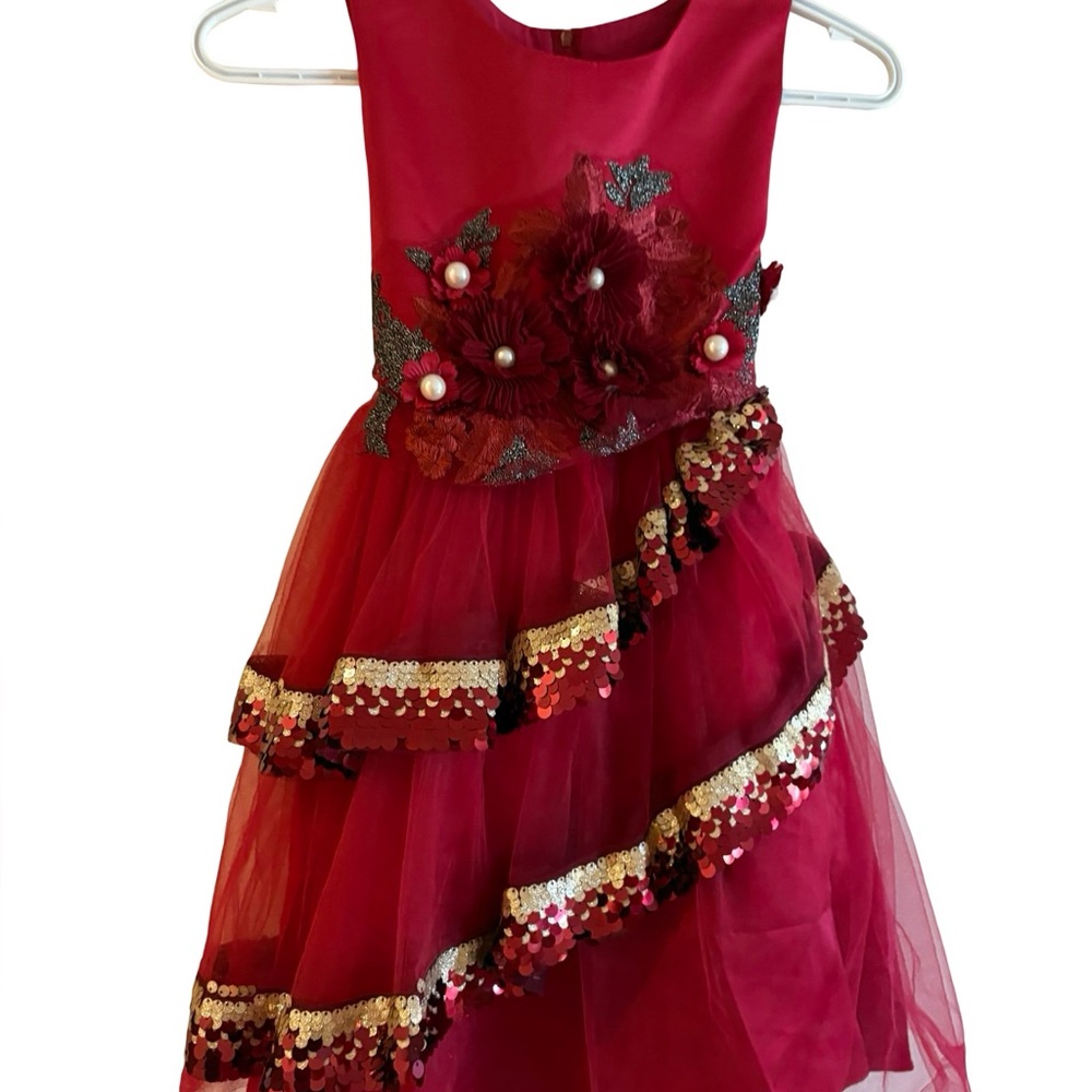 Elegant sequin Christmas Burgundy deep Red Floral Kids Formal Dress